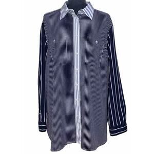 Lauren Ralph Lauren Women's Long Sleeve Navy/White Vertical Stripe Shirt Size 2X